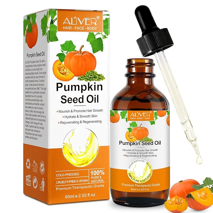 Pumpkin Seed Oil, Pumpkin Seed Essential Oil for Hair Growth & Dry Damaged Hair, Strengthen Hair Thickness, Nourish Hair scalp, Moisturizer Serum for Skin, Face & Body, 2.02 Fl Oz