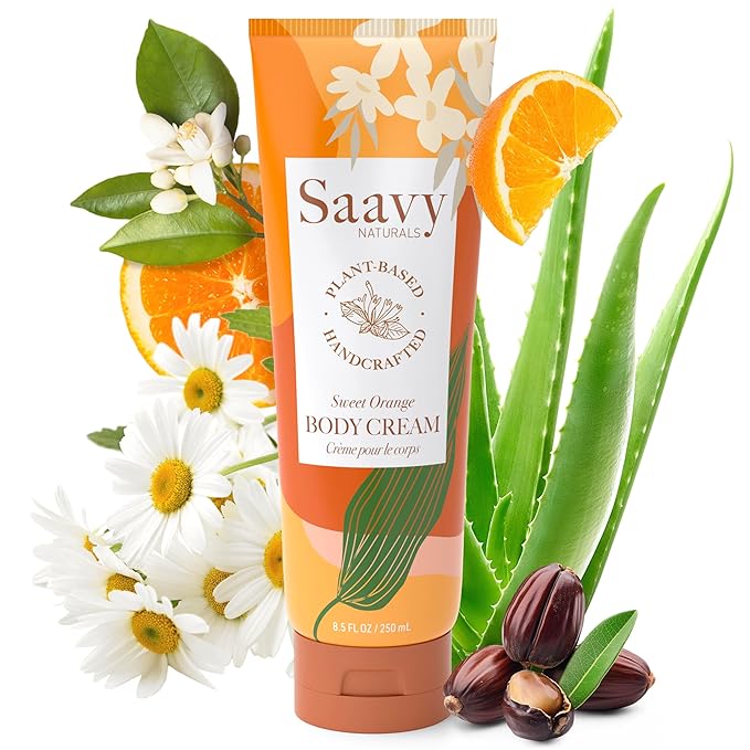 Saavy Naturals Body Cream Sweet Orange Plant-Based Ingredients| Made In USA | Absorbent Shea Butter Vegan Formula, Thick and Creamy Body Moisturizer, Body Lotion for Dry Skin- 8.5 Fl Oz