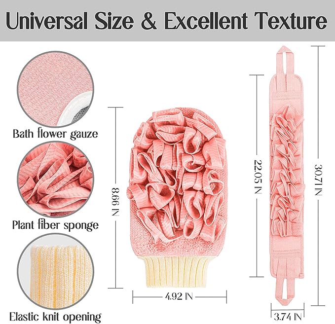 Deep Exfoliating Glove for Shower Double-Sided Mitt, with Extra Long Exfoliating Washcloth - Extreme Body & Back Scrubber for Shower, Massage Scrub Exfoliator & Bath Loofah Sponge (2-Pink)