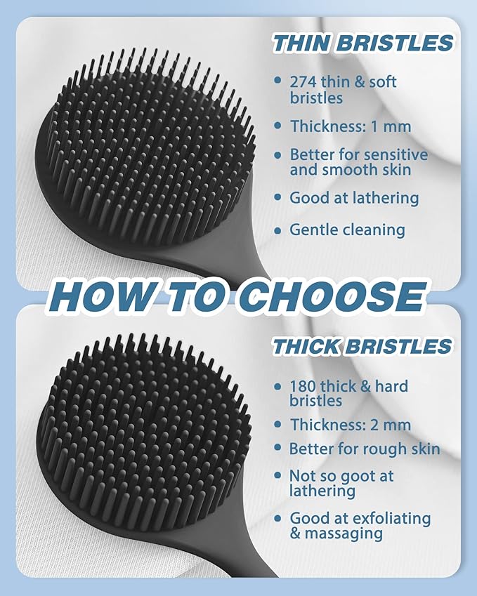 Manmihealth Silicone Back Scrubber(Thin Bristles) & Soft Bath Glove Set, Super-Cleaning Body Scrubber & Super-Lathering Shower Brush Combination, with a Free Hook. (Black)