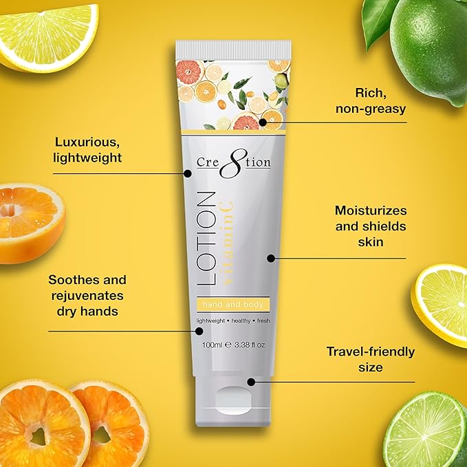 Cre8tion Spa Vitamin C Hand & Body Lotion, Luxurious Lightweight Moisturizer for Silky, Smooth Skin, 3.3 Fl Oz