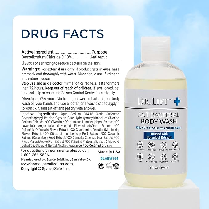 Antibacterial Body Wash, Refreshing Scent, Hydrating Shower or Bath Cleanser With Citric Acid, Spirulina, and Lemon, Clean Moisturizing Formula, Vegan, Paraben and Phthalate Free, 8 Fl Oz