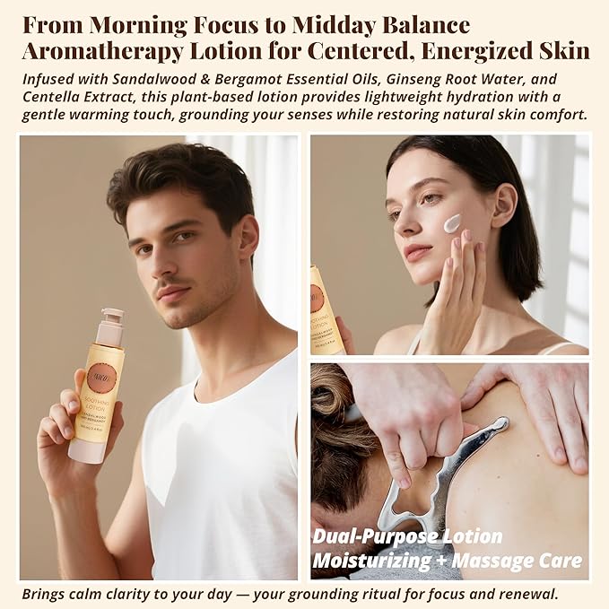 Sandalwood & Bergamot Aromatherapy Body & Massage Lotion – Lightweight, Hydrating Moisture with a Woody-Citrus Essential Oil Aroma for a Refreshing Self-Care Experience, 3.4 fl oz / 100 ml