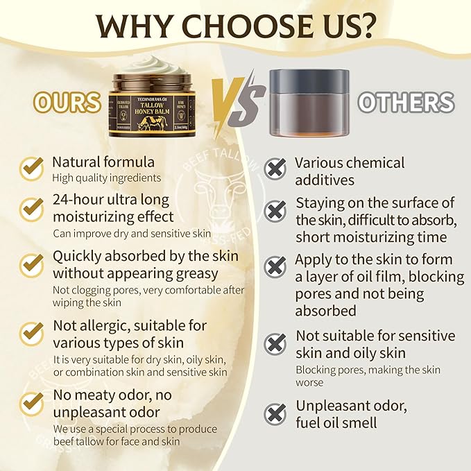 Beef Tallow for Skin，Natural Grass-Fed Beef Tallow and Honey Balm for Face & Body，Whipped Moisturizer for Most Skin Types and Sensitive Skin(60g/2.1oz)