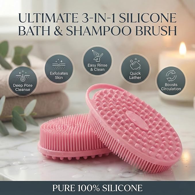 Silicone Body Scrubber 3-Pack – 2-in-1 Shower Exfoliating Brush with Handle, Gentle & Durable Loofah Alternative – Black, Green, Pink