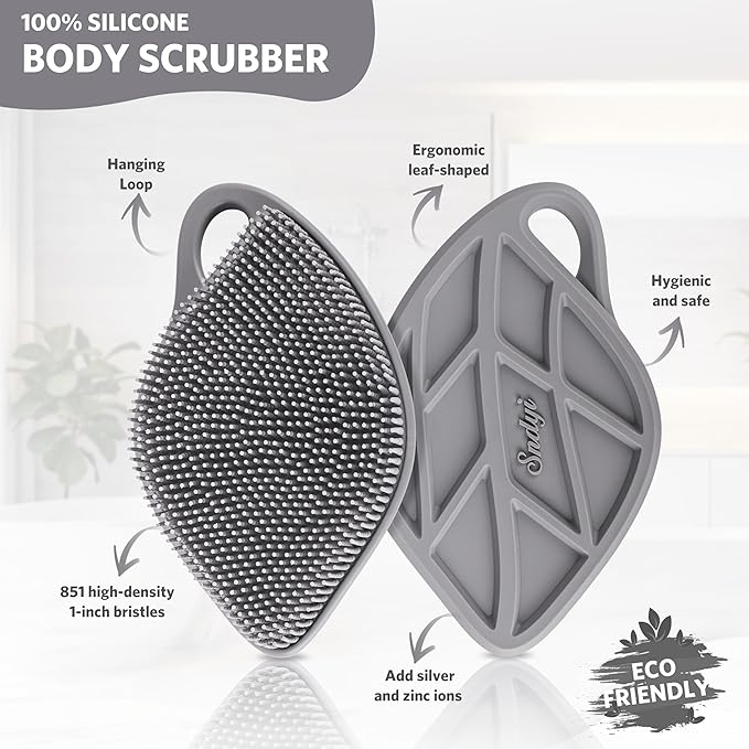 Sndyi Silicone Body Scrubber, Gentle Exfoliating Body Scrubber for Sensitive Skin, Leaf Shaped Shower Scrubber for Body with Lathering Bristles, Silicone Loofah Body Brush for Showering, Gray