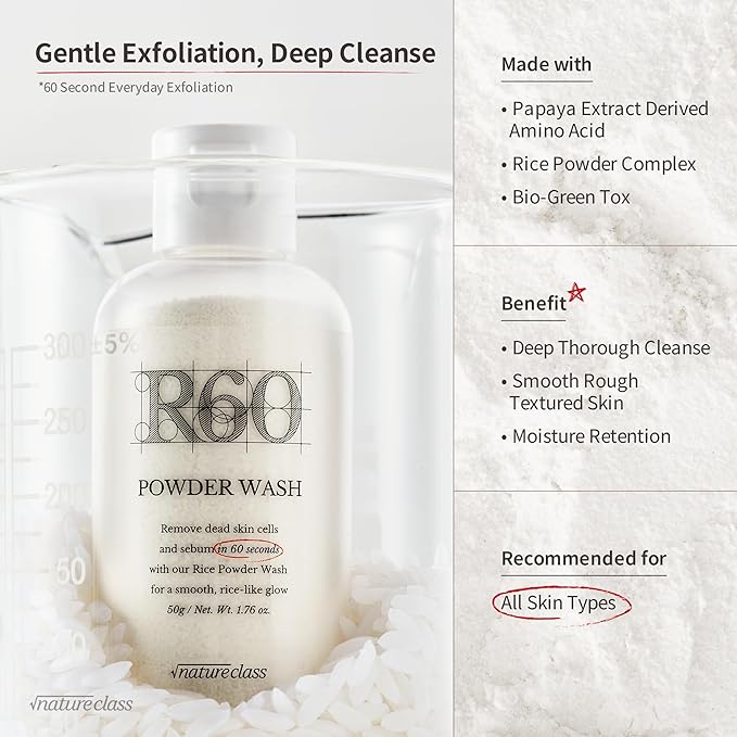 R60 Rice Enzyme Face Wash Powder – Exfoliating Facial Cleanser with Rice Bran Extract, Gentle Powder Wash for Sensitive Skin, Deep Pore Care, Korean Skin Care, Fragrance Free, 1.76oz