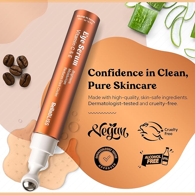 BellaBLISS Eye Serum with Vitamin C & Vitamin E – Hydrating Under Eye Roller for Puffiness, Wrinkles & Dark Circles – Lightweight Cooling Formula – 0.5 fl oz / 15 ml – Pack of 2