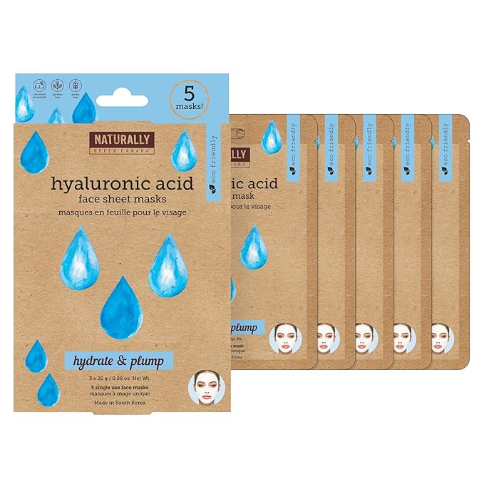 Naturally - Hydrating Hyaluronic Acid Sheet Mask for Dry Skin – Deep Moisturizing & Soothing Spa Facial Treatment, Hydrating Face Mask Set, 5 Sheet Masks Included