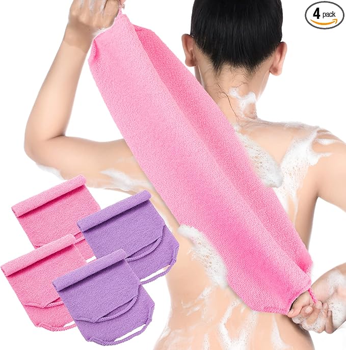 Moukeren Exfoliating Back Scrubber with Handles 4 Pack Nylon Back Exfoliator Extended Length Washers Scrubbers Stretchable Pull Strap Exfoliating Washcloth(Pink, Purple)
