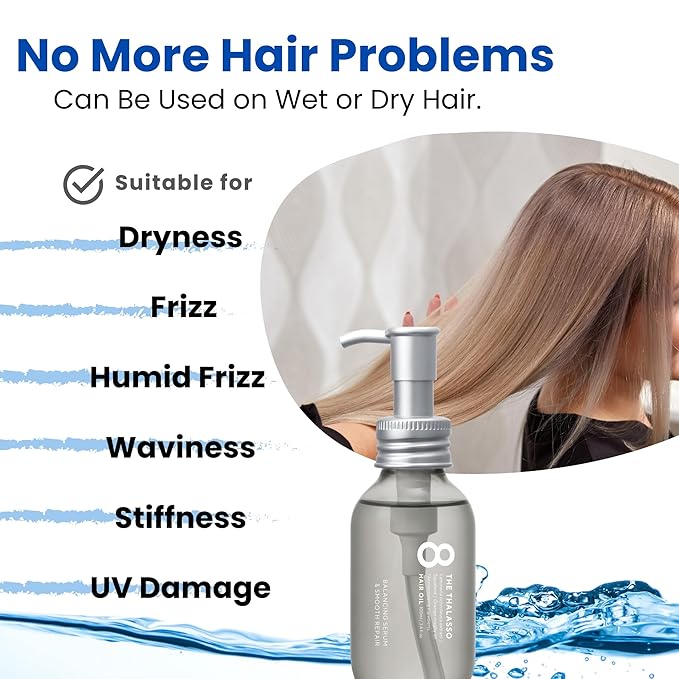 8 THE THALASSO Natural Hair Oil for Normal to Oily Hair Women & Men, Hair Care for Scalp with Stem Cells & Deep Ocean Water, Hair Detangler from Japan, Sulfate & Paraben Free, SMOOTH, 3.38 Fl Oz
