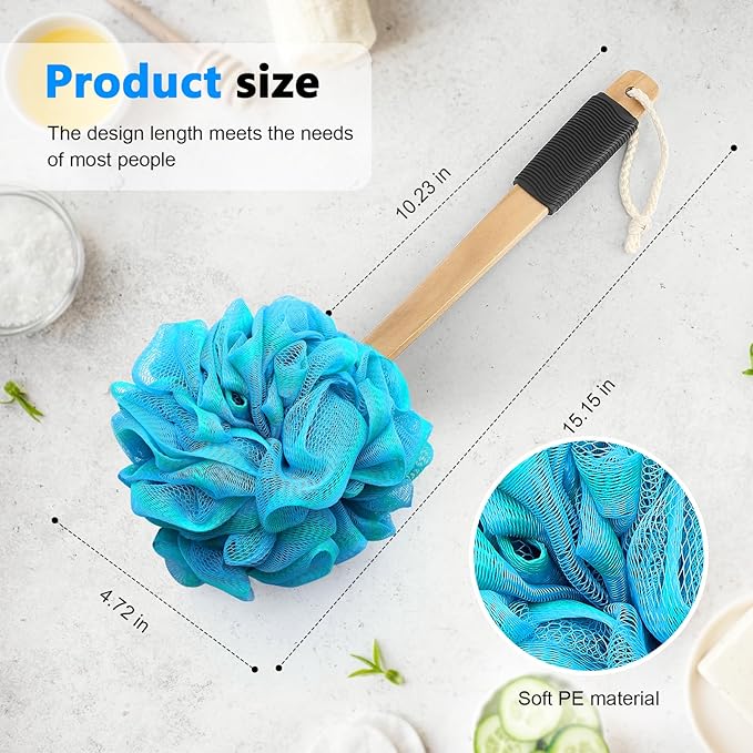 Loofah on a Stick PE Soft Mesh Luffa with Non-Slip Wooden Handle Made of Soft and Sturdy Rubber Material Back Scrubber for Shower for Women and Men with String for Easy Hanging(Green Blue)