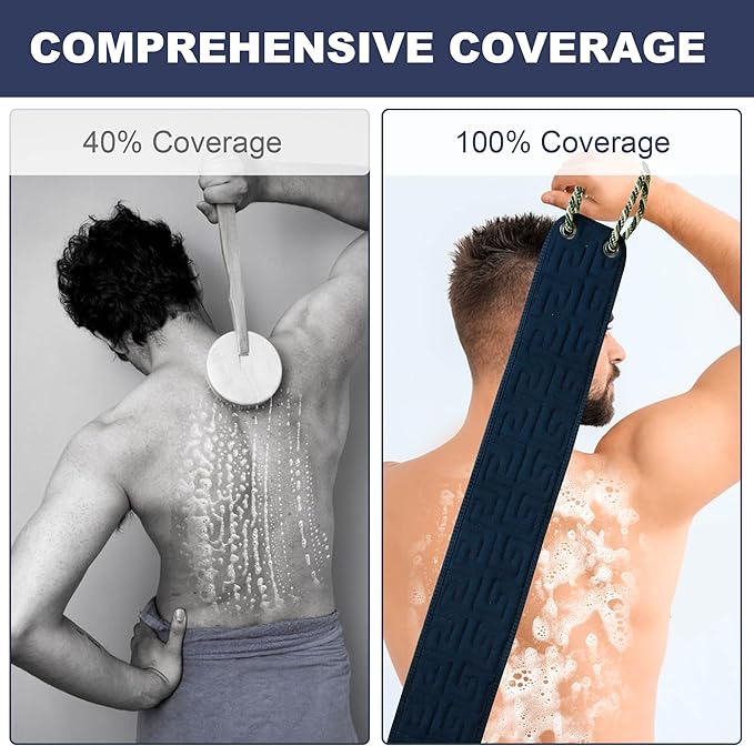 OWIIZI Exfoliating Back Scrubber for Shower, Double-Sided Back Scrub Washcloth with Antiskid Handles for Use in Shower, Body Exfoliator Scrub Towel Back Washer for Men & Women-38 Inches