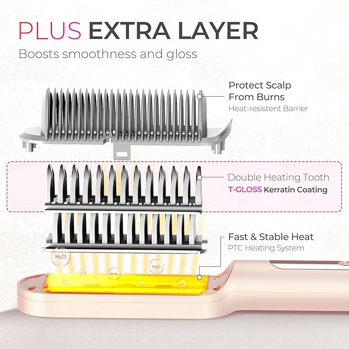 TYMO Ring Plus Ionic Hair Straightener Brush - Straightening Comb with Negative Ions for Women, Titanium Coating, 9 Temp Settings & LED Display, Dual Voltage, Professional Styling Tools, Gold Blush