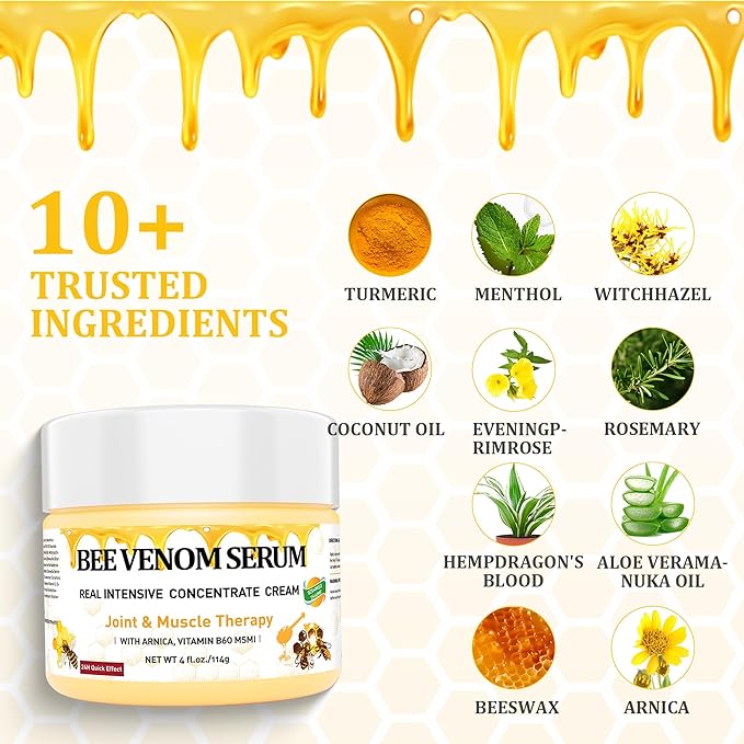 Natural Organic NZL Bee Venom Professional Serum Care, Joint & Muscle & Bone Cream Gel - for Back, Neck, Hand, Foot, Knee, Muscle, Shoulder, Hip, Nerve, Vitamin B6, Aloe Vera, Adult, Elderly