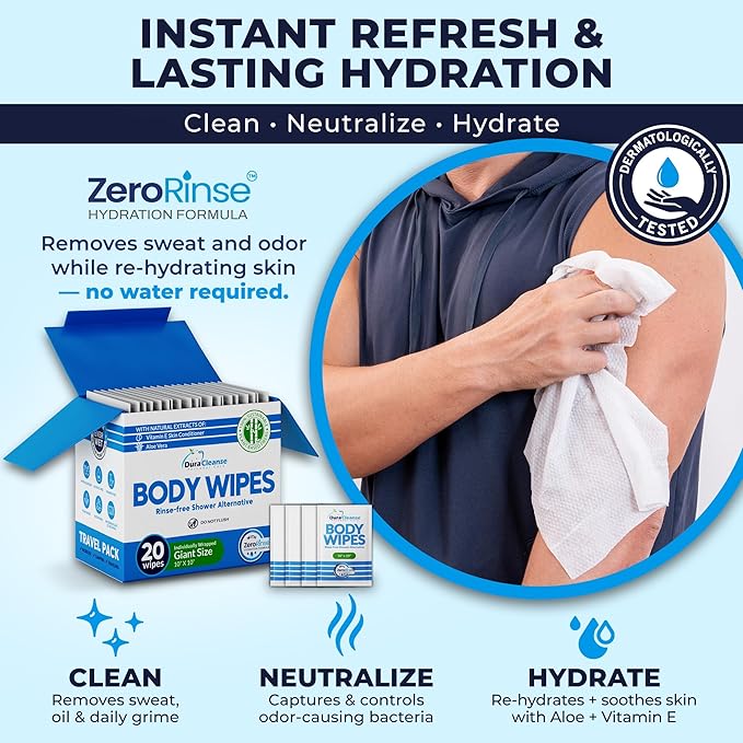 Body Wipes for Adults No Rinse – 20 Count Travel Shower Wipes, 10" x 10" Individually Wrapped Thick Cleansing Wash Scrubs, Disposable Washcloths for Camping and Elderly Care