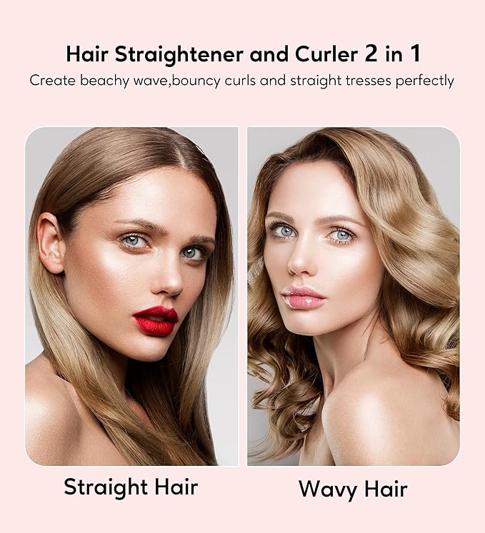 Terviiix Titanium Flat Iron Hair Straightener and Curler 2 in 1, ARC Non-Snagging Straightening Iron for One Swipe, 15s Ultra Fast Heating, 100-240V Dual Voltage, Auto Off, 1 inch Pink