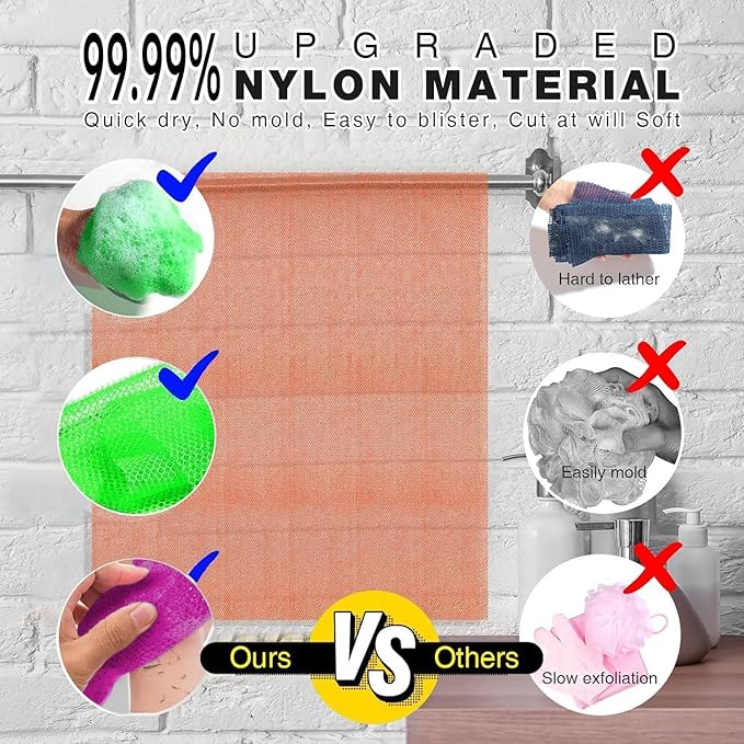 UJFQBH 3 Pieces African Bath Sponge African Net Long Net Bath Sponge Exfoliating Shower Body Scrubber Back Scrubber Skin Smoother,Great for Daily Use (Purple， Pink，Green)