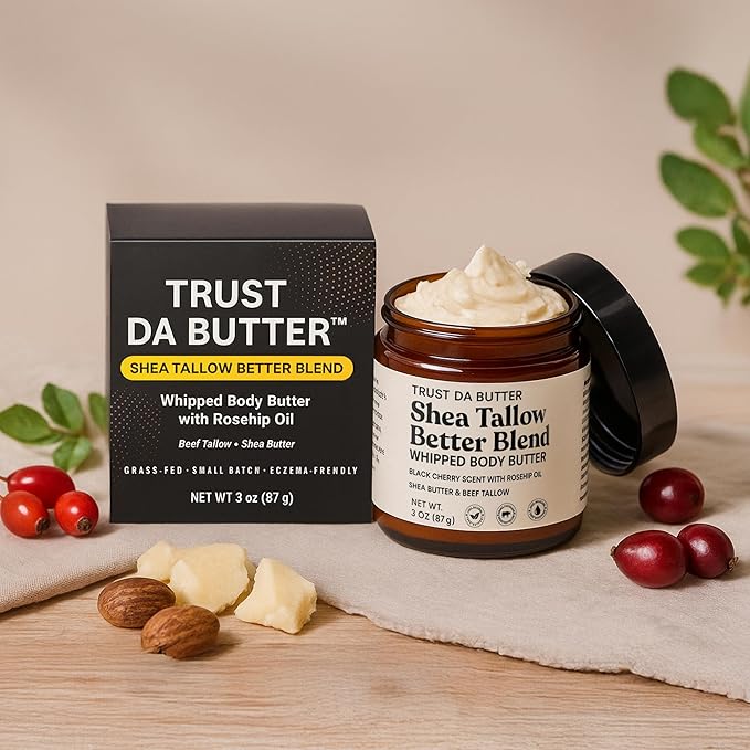 Beef Tallow for Skin – Whipped Moisturizer – 100% Grass-Fed, Organic Shea Butter, Rosehip oil & Vitamin E – Deep Eczema Relief, Face & Body, Black Cherry, 3oz – Made in USA