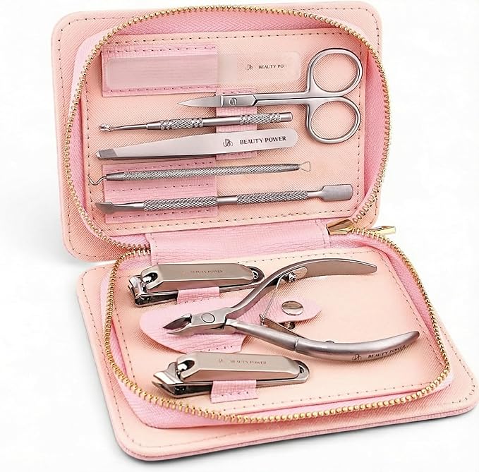 9 in 1 Professional Manicure Pedicure Set - Stainless Steel Nail Clippers, Nano File, Cuticle Nipper, Scissors, Tweezers, Travel PU Leather Case for Men & Women - Gift Ready New (Pink)