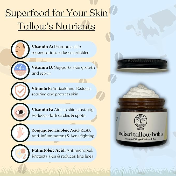 Beef Tallow Balm for Skin | NAKED TALLOW BALM | 1 Ingredient - 100% Grass Fed Tallow | Whole Body & Face Moisturizer | Whipped & UNSCENTED for Sensititve Dry Skin, Babies, Eczema, Psoriasis(2oz)
