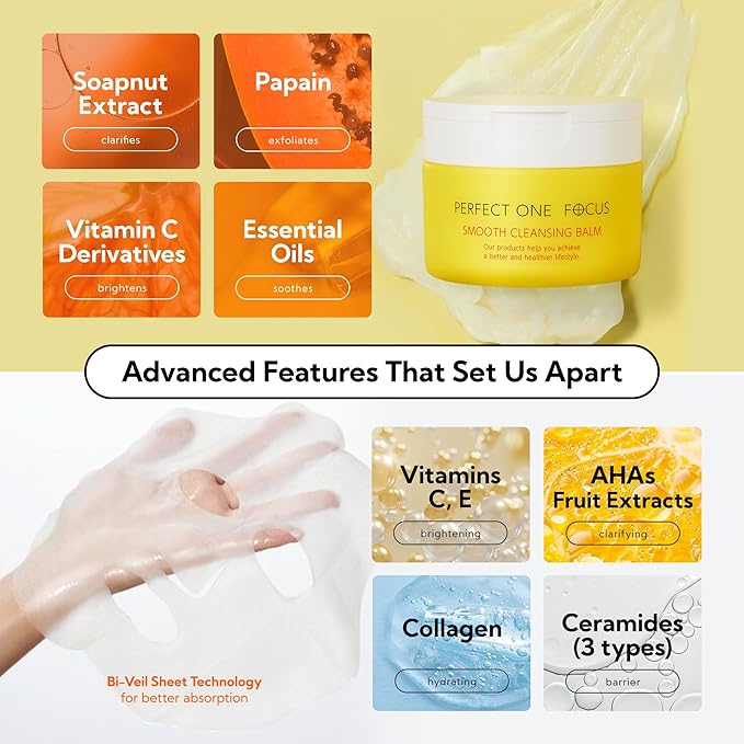 PERFECT ONE FOCUS Skincare Bundle – VC Charge Smooth Sheet Masks (7 Sheets) + Smooth Cleansing Balm (2.64oz) – Vitamin C, Charcoal, Hyaluronic Acid, Ceramides & Niacinamide for Hydrating