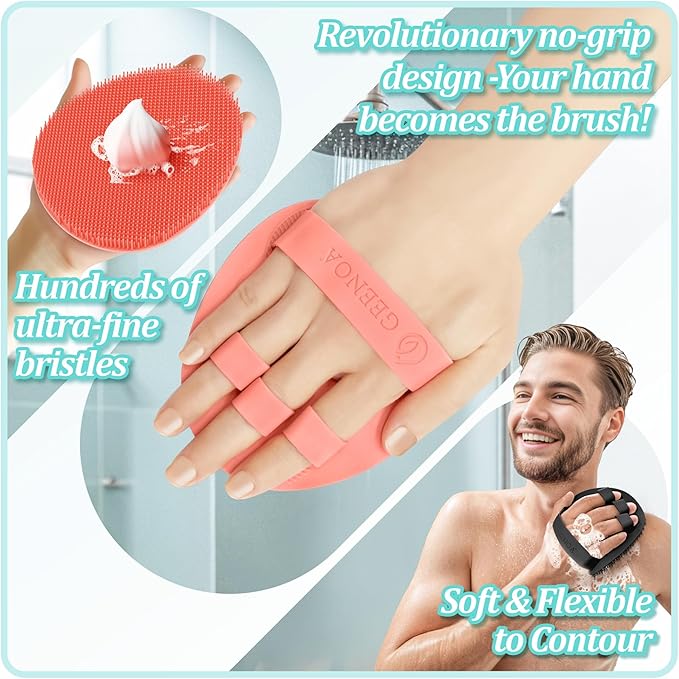 Silicone Back/Body/Face Scrubber & Soft Bath Glove Set 4PCS, Gentle Exfoliating Back & Body Scrubber with Dual-Side Brush Head, Hand-fit Bath Glove & Face Scrubber for Deep Cleaning(Pink-4PC)