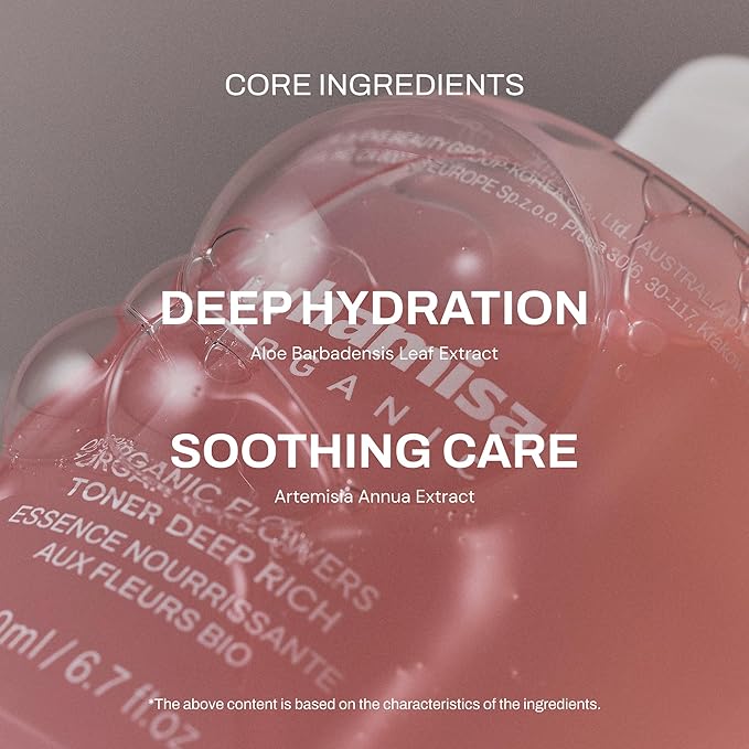 Whamisa Organic Flowers Toner Deep Rich, 97.4% Organic, Facial Toner, Essence, Damask Rose Flower Oil, Waterless Formula, Hydrating, Moisturizing (200ml)