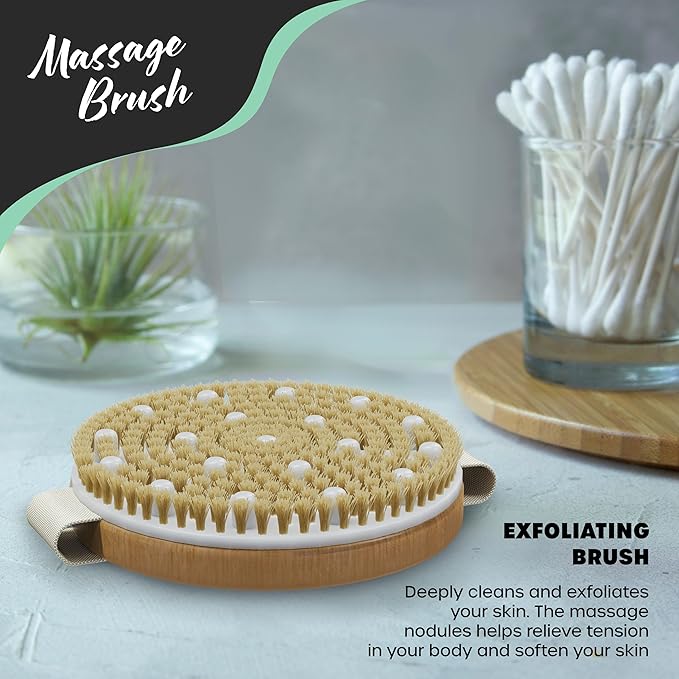 Nevlers Natural Boar Bristle Dry Brush for Body Massage 5-Piece Set | Detachable Long Wooden Handled Back Scrubber for Shower, Body Scrubber Exfoliator, Face Brush, Manicure Tool & Cloth Travel Bag