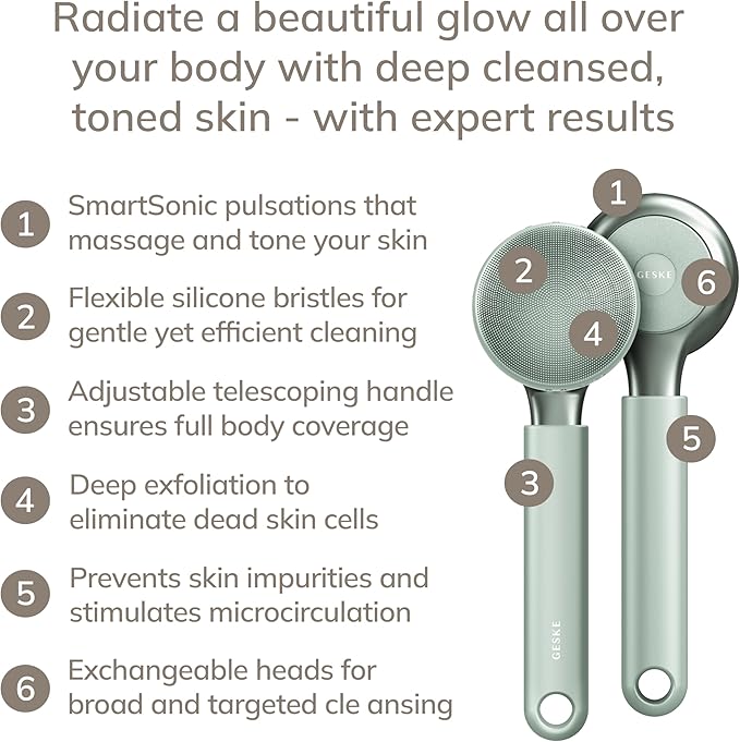 GESKE Sonic Full-Body Brush & Intensive Exfoliator | 8 in 1 | Electric Body Cleansing Brush | With SmartSonic Pulsations | Deep Cleansing, Exfoliation, Massage | Extendable Handle | Rough Skin Remover