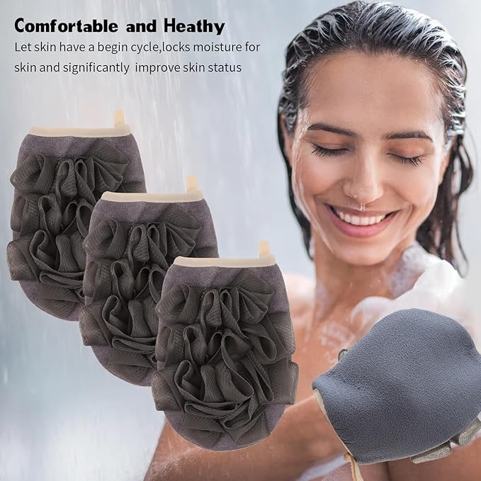 3 Pack Bath Loofah Body Sponge Brushes Loofah Exfoliating Glove Bath Shower Glove with Flower Bath Ball Bath Shower Loofah Sponge for Women and Men (Gray)