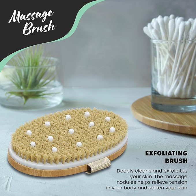 Nevlers Natural Boar Bristle Dry Brushing Set | 4-Piece Body Brush Kit for Exfoliating, Lymphatic Drainage & Circulation | Body Brush, Face Brush, Long-Handled Back Brush + Storage Bag