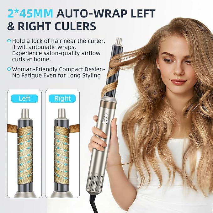 6-in-1 Hair Styler, Hair Dryer, Multi-Function Hot Air Brush Set, Ionic Blow Dryer with Interchangeable Attachments for Curling, Straightening (Champagne Gold)