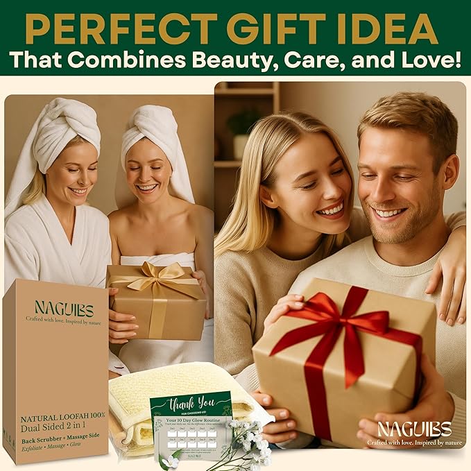 Christmas Gifts Premium 2 in 1 Egyptian 100% Natural loofah with Handle Back Scrubber for Shower and Massage exfoliating Body Scrubber for Women and Men Back Scratcher washers for Shower loofa