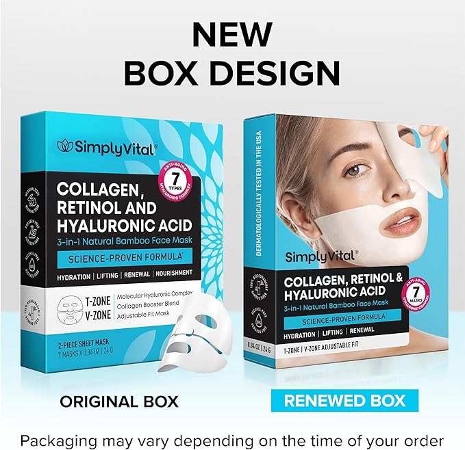 SimplyVital Collagen Facial Mask with Retinol & Hyaluronic Acid - Hydrating Face Masks Skincare - T Line & V Line Sheet Mask for Women Skin Care - Mascarillas Para la Cara - Cloth Face Masks - 7 Pack