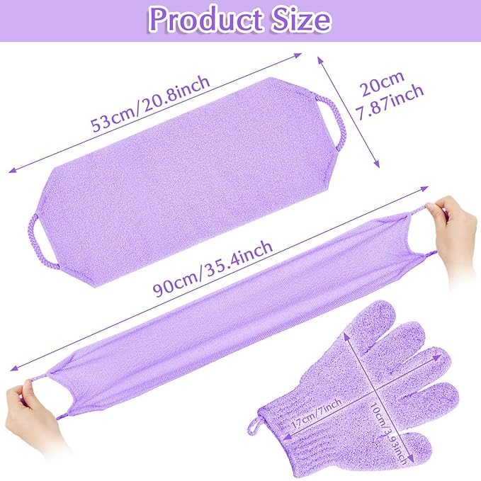 Anezus Exfoliating Back Scrubber Bath Gloves Set, Exfoliating Shower Towel with Shower Gloves for Body Scrub, Back Cleaner Wash Gloves to Remove Dead Skin (Purple)