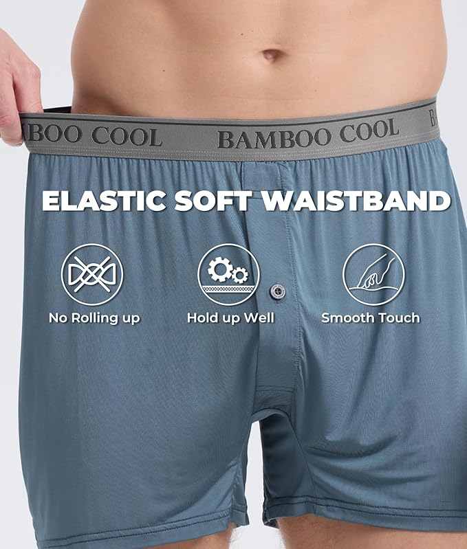 BAMBOO COOL Soft Men's Boxer Shorts 3 Pack,Silk Feeling Underwear for men with Button Fly,Breathable Loose Fit Boxers