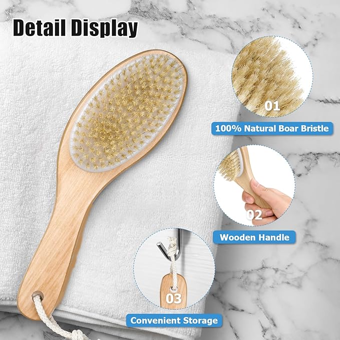 Dry Brushing Body Brush, 100% Natural Boar Bristle Beauty Body Dry Brush Brushing, with Contoured Wooden, Ergonomic Handle, Easy to Clean for Back Legs Feet Exfoliates Dead Skin