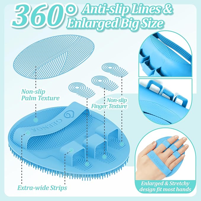Silicone Back Scrubber & Soft Bath Glove 2PCS, 16''- 21''Extendable Back Scrubber with Dual-Side Large Head, 360° Anti-Slip Hand-fit Silicone Body Scrubber for Rich Foaming Deep Cleaning(Blue)