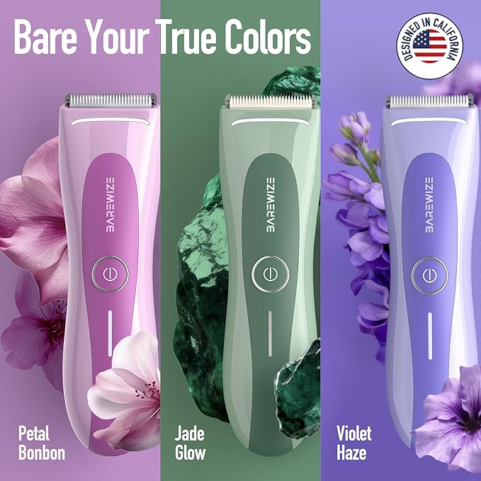 BAREWlZE Bikini Trimmer for Women, Pubic Hair Trimmer | LED Light, IPX7 Waterproof, USB-C Rechargeable, Replaceable Ceramic Blade | Electric Razors for Women, Electric Body Hair Shaver (Petal Bonbon)