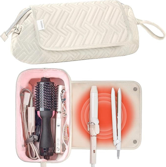 Leudes Hair Tools Travel Bag for Women Heat Resistant Mat for Travel Essentials Hot Tools Straighteners,Flat Irons,Curling Iron,Hot Air Brushes and Hair Dryer Organizer Bags 2 in 1 (Beige)