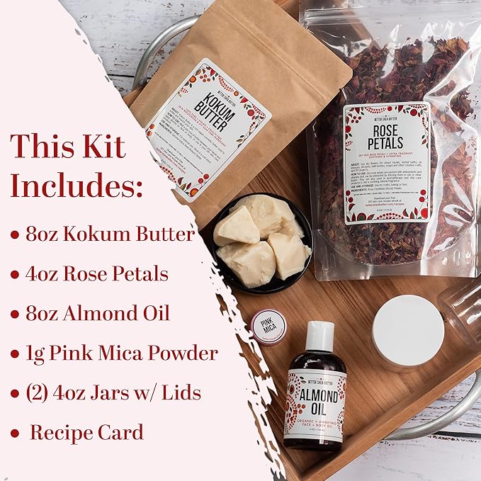 Better Shea Butter Body Butter Making Kit, Includes Kokum Butter, Almond Oil, Dry Rose Petals, Pink Mica, 2 Jars & DIY Recipe Card with Link to Video Tutorial - Natural Whipped Body Lotion Making Kit