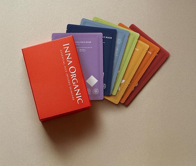 INNA ORGANIC Full Chakra Sheet Mask Giftbox, Anti-Aging, Hydrating & Calming, EWG & COSMOS Certified (Pack of 7) | Gift set to Mom, Bridle gift| Luxury Clean Beauty