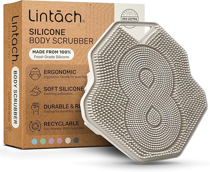 Silicone Shower Scrubber for Body – Exfoliating Loofah Alternative, Zinc & Silver-Infused, Hygienic & Gentle for Sensitive Skin, Durable & Long-Lasting Body Scrubber for Men - White Sand