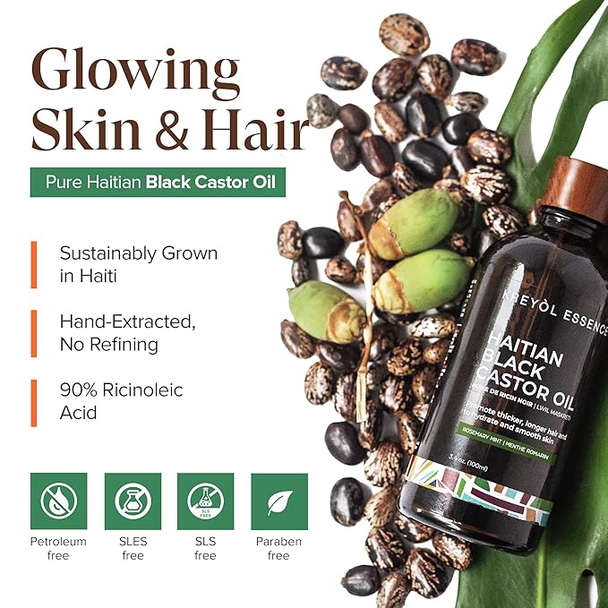 Kreyol Essence - Haitian Black Castor Oil for Skin and Hair, Glass Bottle - Cold Pressed Castor Oil, Fuller-Looking Hair, Hexane Free, Natural Humectant | 3.4 Fl Oz | Rosemary Peppermint