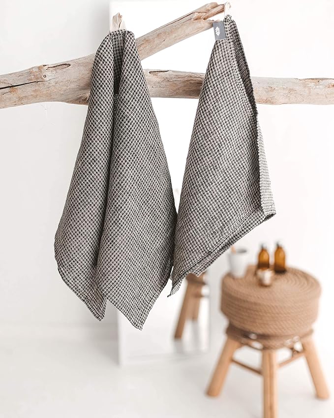 Linen Waffle Towels for Bathroom - 4-Piece 100% Linen Towel Set - 2 Bath and 2 Hand Towels - Black-Natural Thin Pre-Washed Lightweight Quick-Dry Absorbent - Made from European Natural Pure Flax