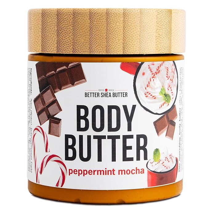 Peppermint Mocha Body Butter with Raw Shea Butter and Jojoba Oil, Holiday Body Moisturizer for Dry Skin, Christmas Lotion, Limited Edition