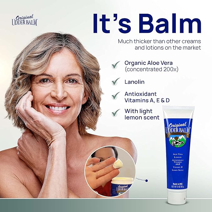 Original Udder Balm Tube - Made in USA - Extra Thick Udder Cream & Hand Balm for Dry Skin, Cracked Heels, Rough Hands – Deep Moisture Heel Cream & Foot Moisturizer with Aloe Vera, 3 Fl Oz