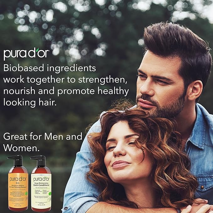 PURA D'OR MD Anti-Thinning Biotin Shampoo & Conditioner Set (16oz x2) Maximum Defense Coal-Tar Strong Scented Hebal Blend Hair Thickening Products For Women & Men, Daily Shampoo For Scalp Health