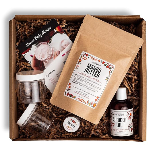 Better Shea Butter Body Butter Making Kit - Includes Raw Mango Butter, Raw Apricot Oil, Pink Mica, 2 jars and Recipes Card with Link to Video Tutorial - Natural Whipped Mango Body Lotion Making Kit